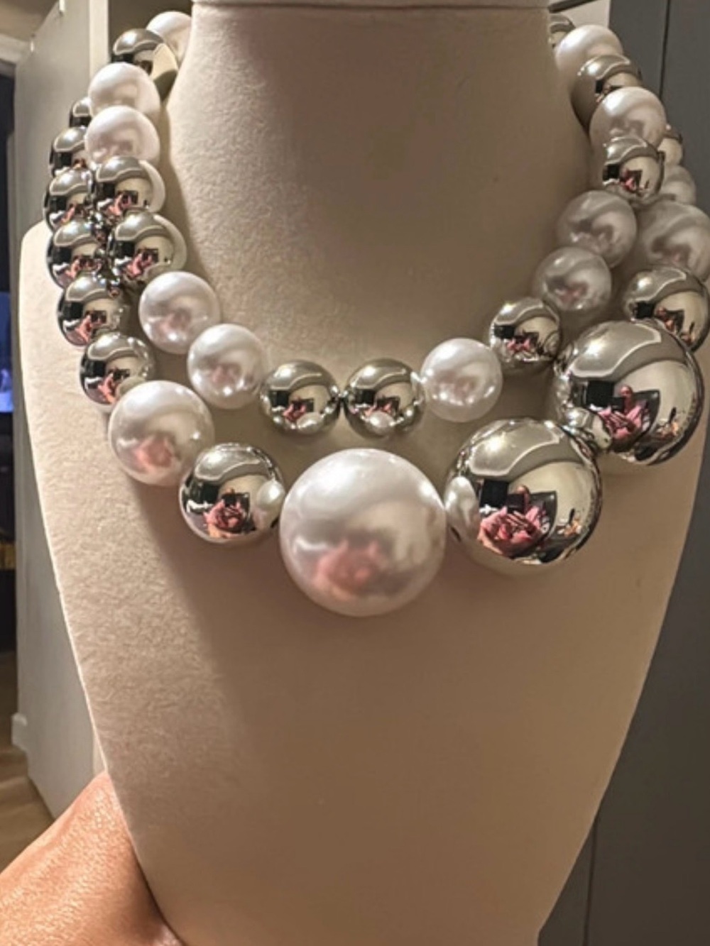 Statement Silver and White Pearl Ball Necklace - Women Jewelry
